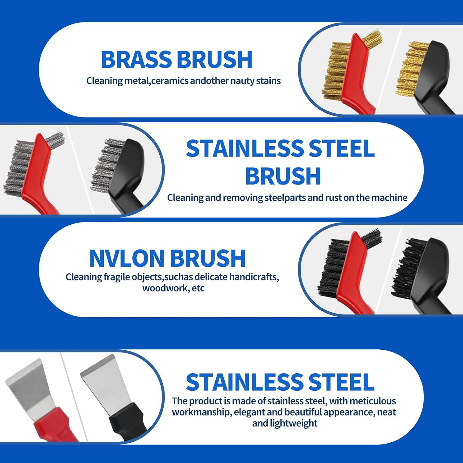 Wire Brush Set 8-Piece - Stainless Steel Wire Metal Brushes Cleaning Kit with Brass,Nylon & Steel Brushesand Scraper for Rust And,Paint & Welding Slag Removal and Cleaning Tough in Tight Corners Dirt image number 2