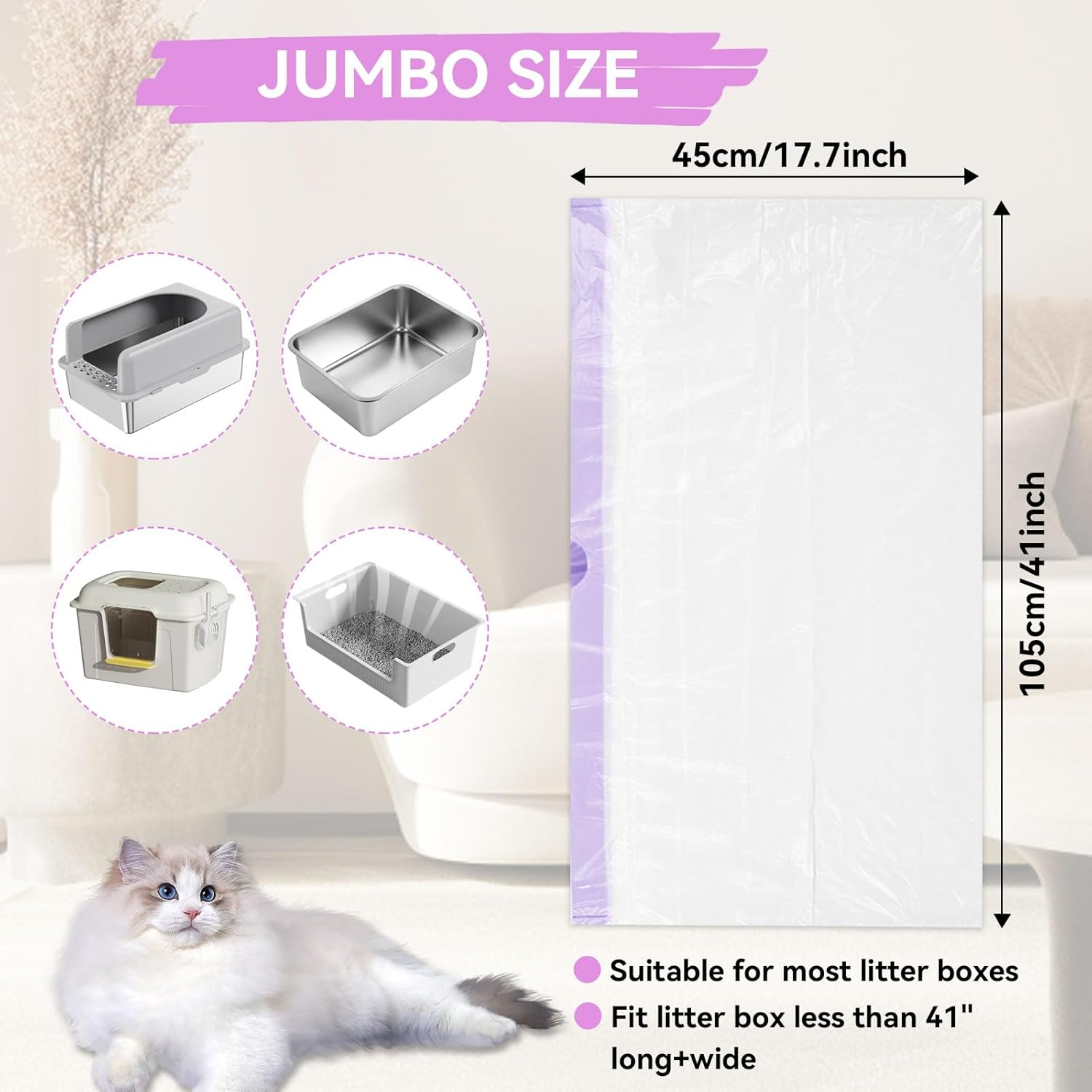 35 Pack Extra Large Cat Litter Tray Liner 41" X 18" Jumbo Cat Litter Box Liner Hygienic Disposable Litter Pan Liner Bags with Drawstring Kitty Litter Tray Waste Bags image number 2