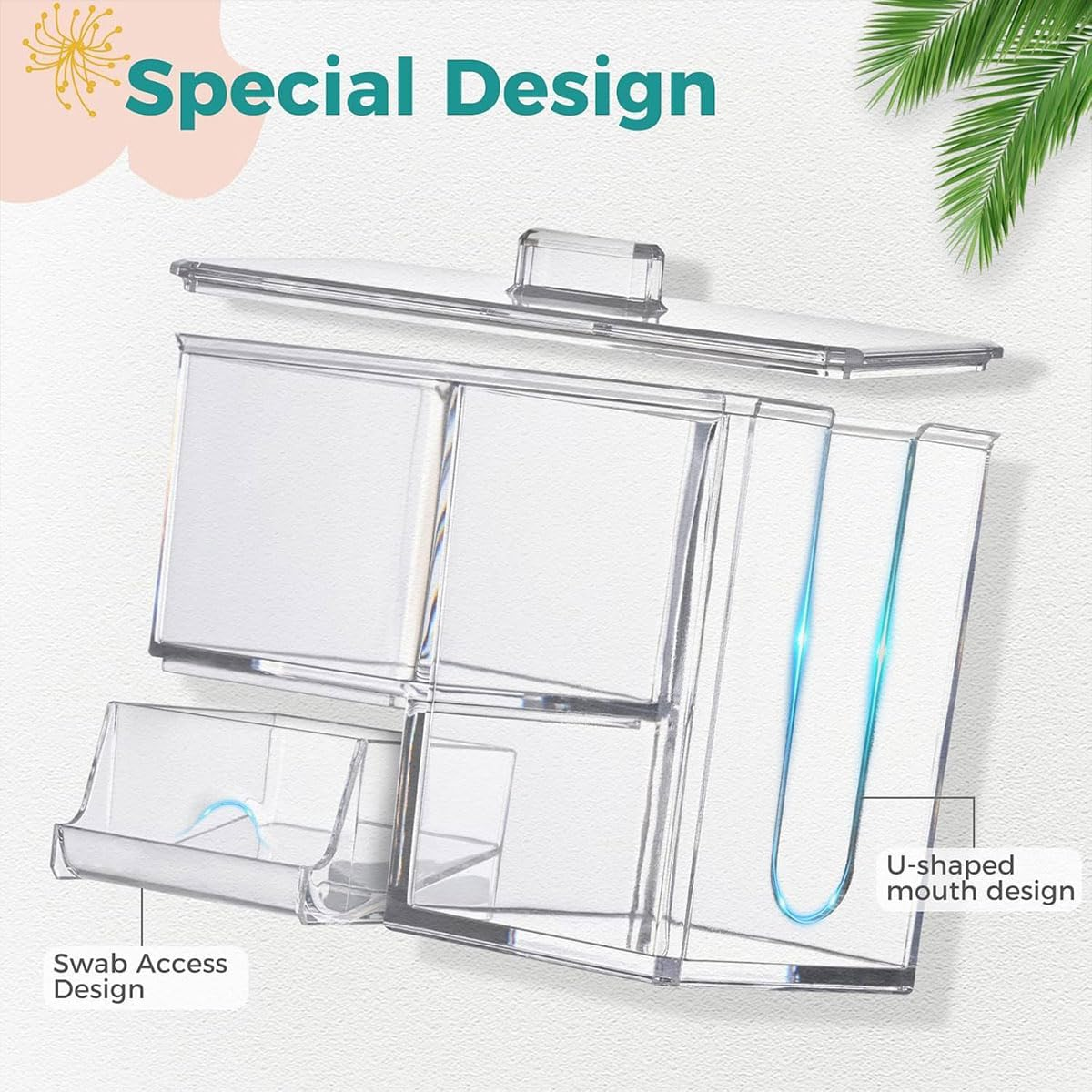AIMALL Transparent Plastic Makeup Organizer Cotton Swab Box with U-Shaped Access, 7 in X 4.3 in X 5.6 in Waterproof Dust-Proof Desktop Storage Container image number 1