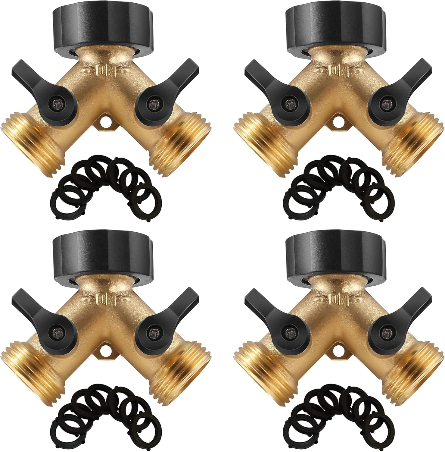 IPOW Solid Brass Body Backyard 2 Way Y Valve Garden Hose Connector Splitter Adapter + Extra 4 Rubber Hose Washers with Comfort Grip, 2 Pack