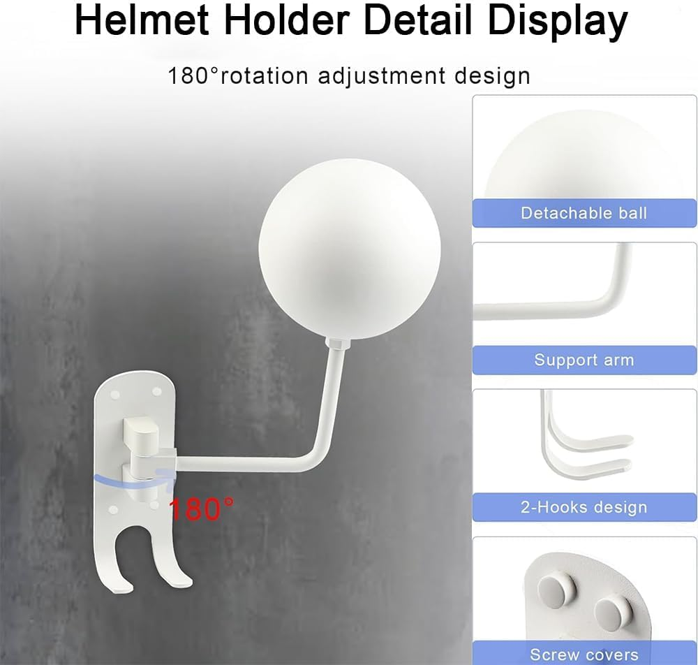 Motorcycle Helmet Rack with 2 Hooks, 180&deg; Rotation Aluminum Alloy Helmet Holder Wall Mount, Helmet Display Rack for Motorcycle Bike Coats, Caps, Baseballs, Rugby Helmet, White image number 4