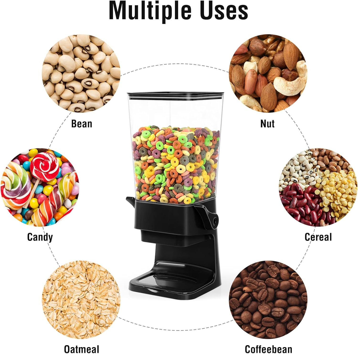 Cereal Dispenser Countertop Dual Dry Food Large Containers Storage Organizer Dispensador De Cereales Candy Machine Rice for Snack,Nuts, Granola(Black,1Pc) A02 image number 3