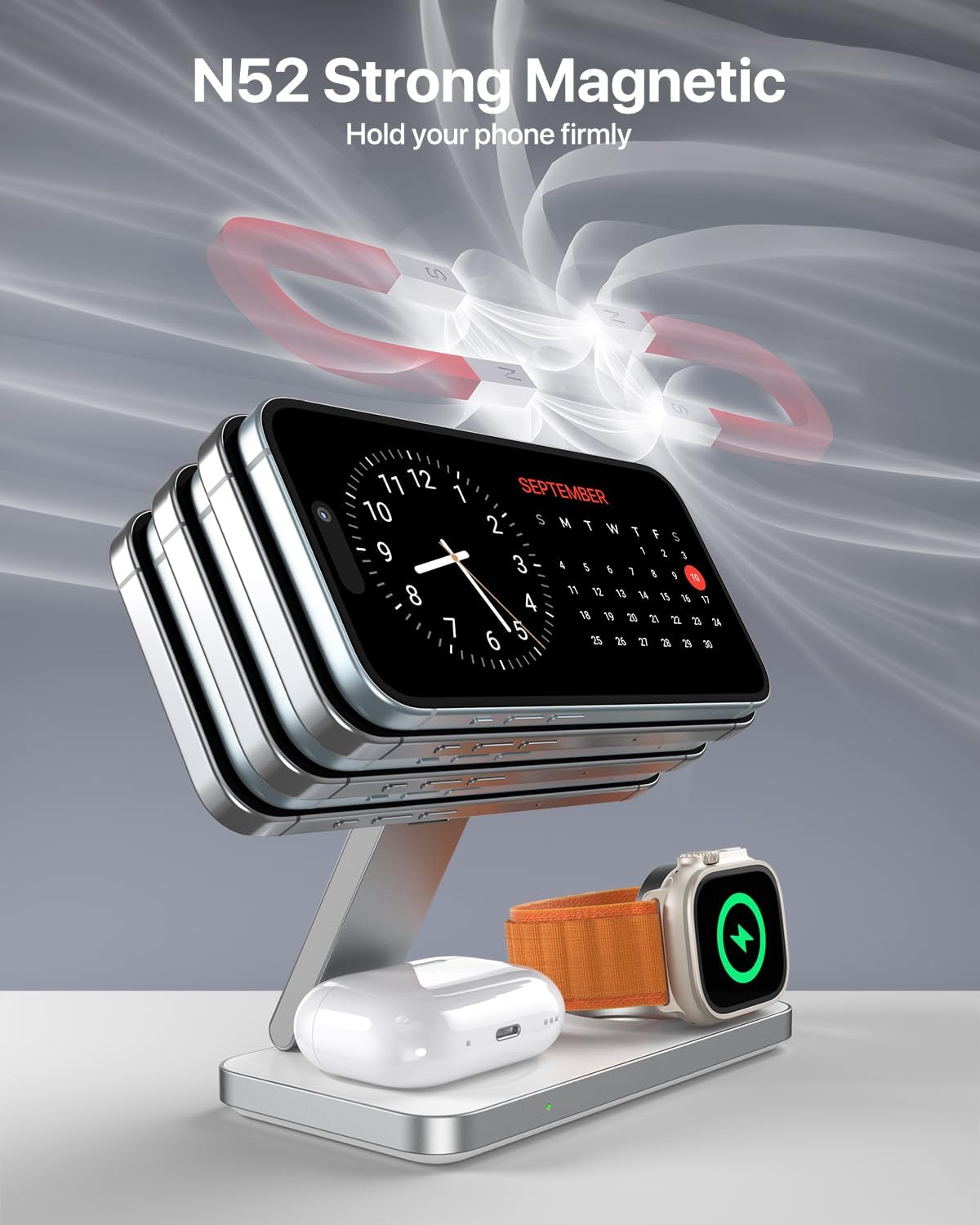 EXW 3 in 1 Wireless Charging Station for Apple, Wireless Charger Stand for Magsafe Fast Charger for Iphone 17-12, Magnetic Charger for Apple Watch and Airpods (White) image number 2