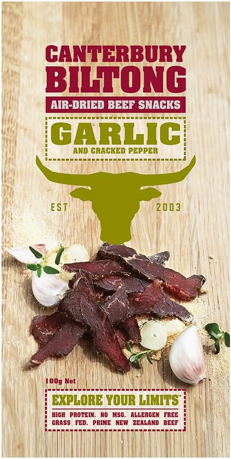 Canterbury Biltong Air-Dried Beef Snacks Garlic & Cracked Pepper 100G