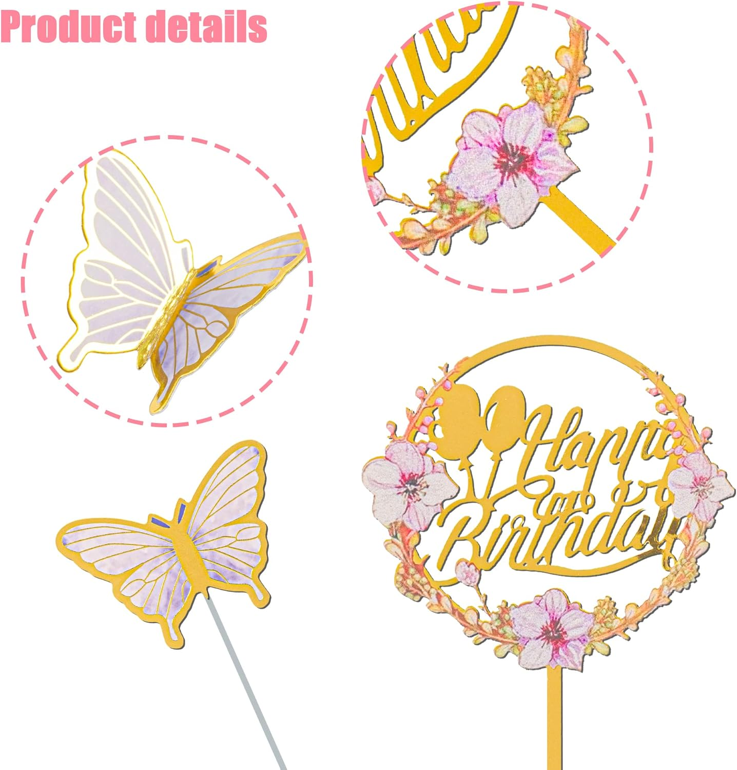 28Pcs 3D Butterfly Flower Cake Toppers Rose Flowers Acrylic Happy Birthday Cake Topper Carnation Flowers Colorful Balls Eucalyptus Leaves Cake Decorations for Birthday Party Wedding Baby Shower Supplies image number 4