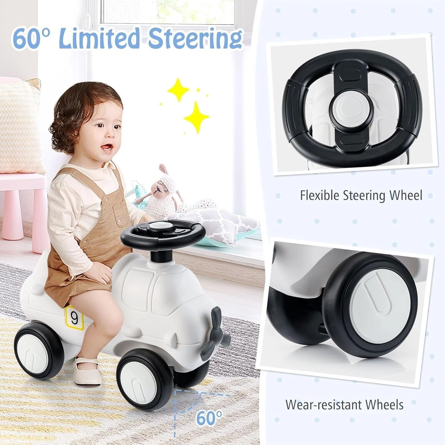 Techshining 3-In-1 Rocking Horse & Ride-On Car with Balance Board, Toddler Rocker with Wheels, 60&deg; Steering, Backrest & Anti-Roll Design for Kids image number 6