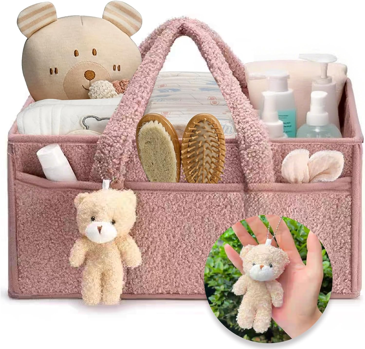 Baby Diaper Caddy Organizer, Nappy Caddy Storage Basket for Diapers and Baby Wipes, Portable Diaper Storage Bag, with Bear Decorations, Perfect Present for New Mom, Nursery (Pink) image number 5