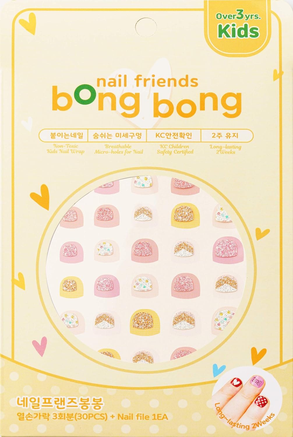 Bong Bong Non-Toxic Nail Art Stickers for Kids 3-7Yo and Juniors 7+ Yo &ndash; Colorful, Cute, Super Hero, Glitter &ndash; Long Lasting (30 Stickers) (3-7Yo, Glitter Coral) image number 3