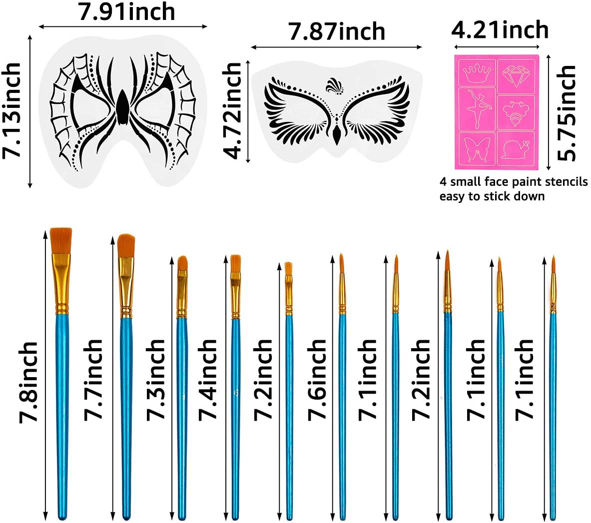 31 Pieces Face Stencils Kit, 17 Reusable Large Face Paint Stencils, 4 Small Stick Paint Stencils and 10 Pieces Painting Brushes for Kids Face Painting, Tattoo Stencils, Holiday Halloween Makeup image number 2