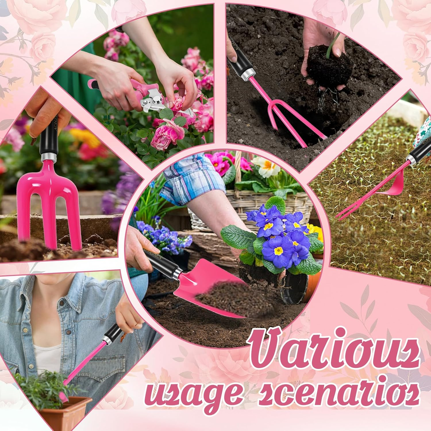 Monbel Set of 9 Heavy Duty Gardening Hand Tools (Pink) Heavy Duty Garden Supplies Kit Stainless Steel Heavy Duty Garden Tools Organizer Bag Durable