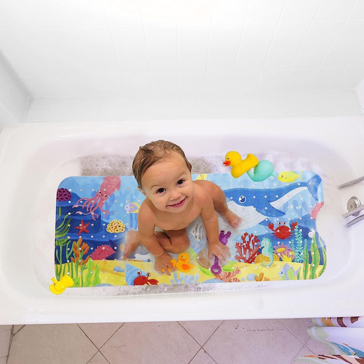Mumoo Bear Baby Bath Mat for Tub for Kids, 40 X 16 Inch Extra Long Kid Bathtub Mat Non Slip, Cartoon Bath Tub Shower Mat anti Slip with Drain Holes and Suction Cups (Shark, 40 * 16In) image number 6