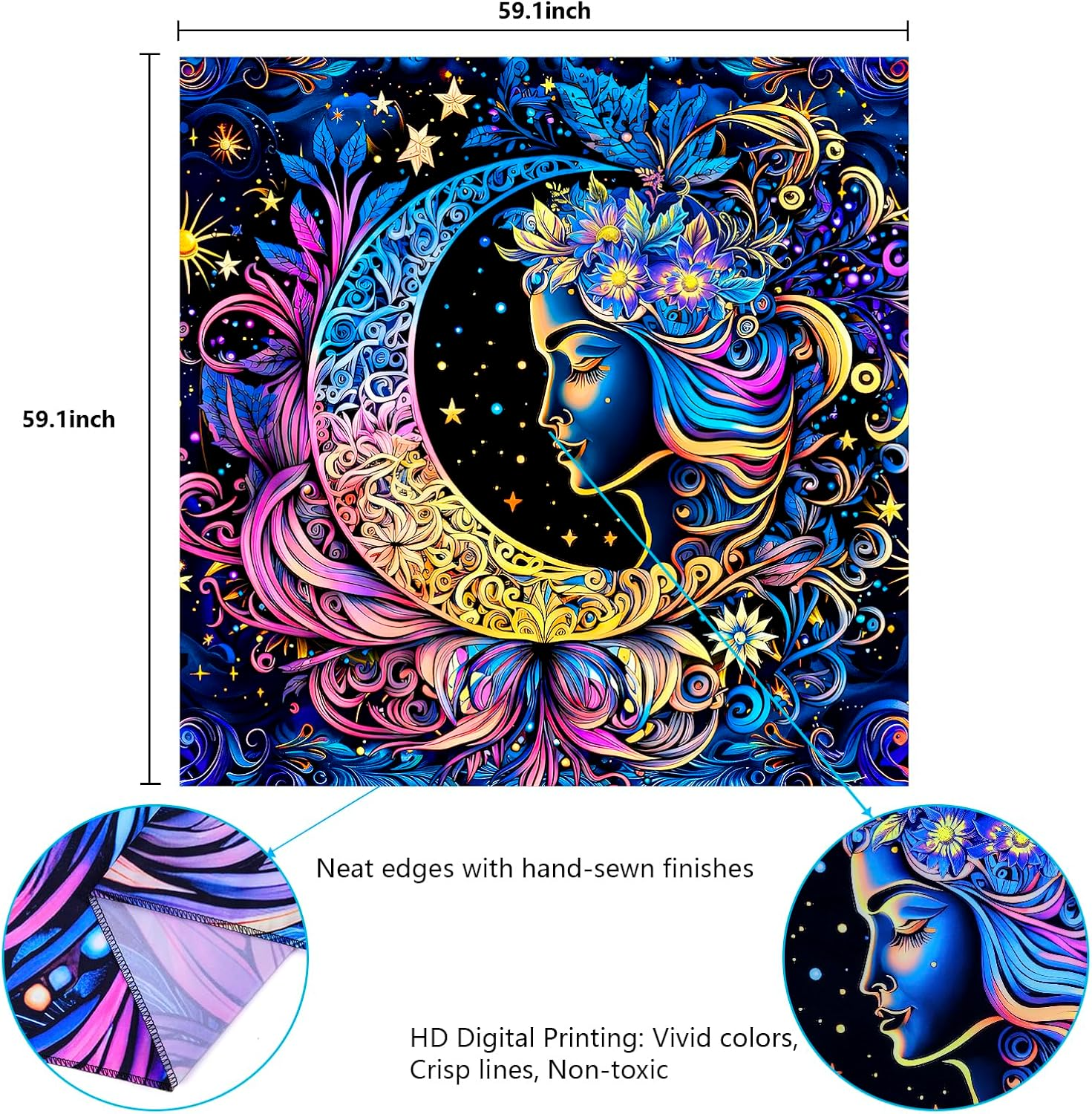 Blacklight Tapestry UV Reactive Moon and Star Mandala Boho Wall Hanging for Bedroom (59.1 X 59.1 Inches) image number 2