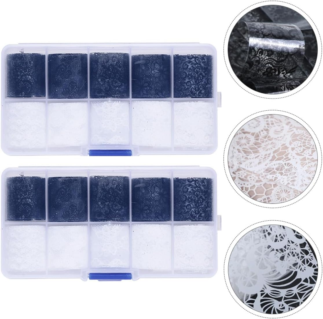 TEHAUX 2 Boxes Black and White Lace Nail Art Stickers Set, 10 Styles Decorative Nail Charms Decals for Creative Manicure and Salon Use image number 5