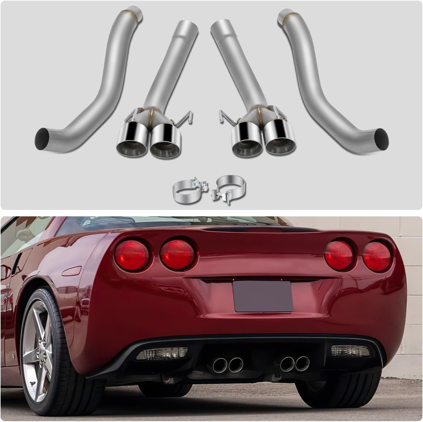 DNA MOTORING Axle-Back Exhaust System Compatible with 05-08 Chevy Corvette 6.0L 6.2L,Round Diagonal Rolled Muffler Tip,2.5" Inlet/3" Outlet, Aluminized Piping/Polished Tips CBE-MU-CCORVO5-60L image number 1