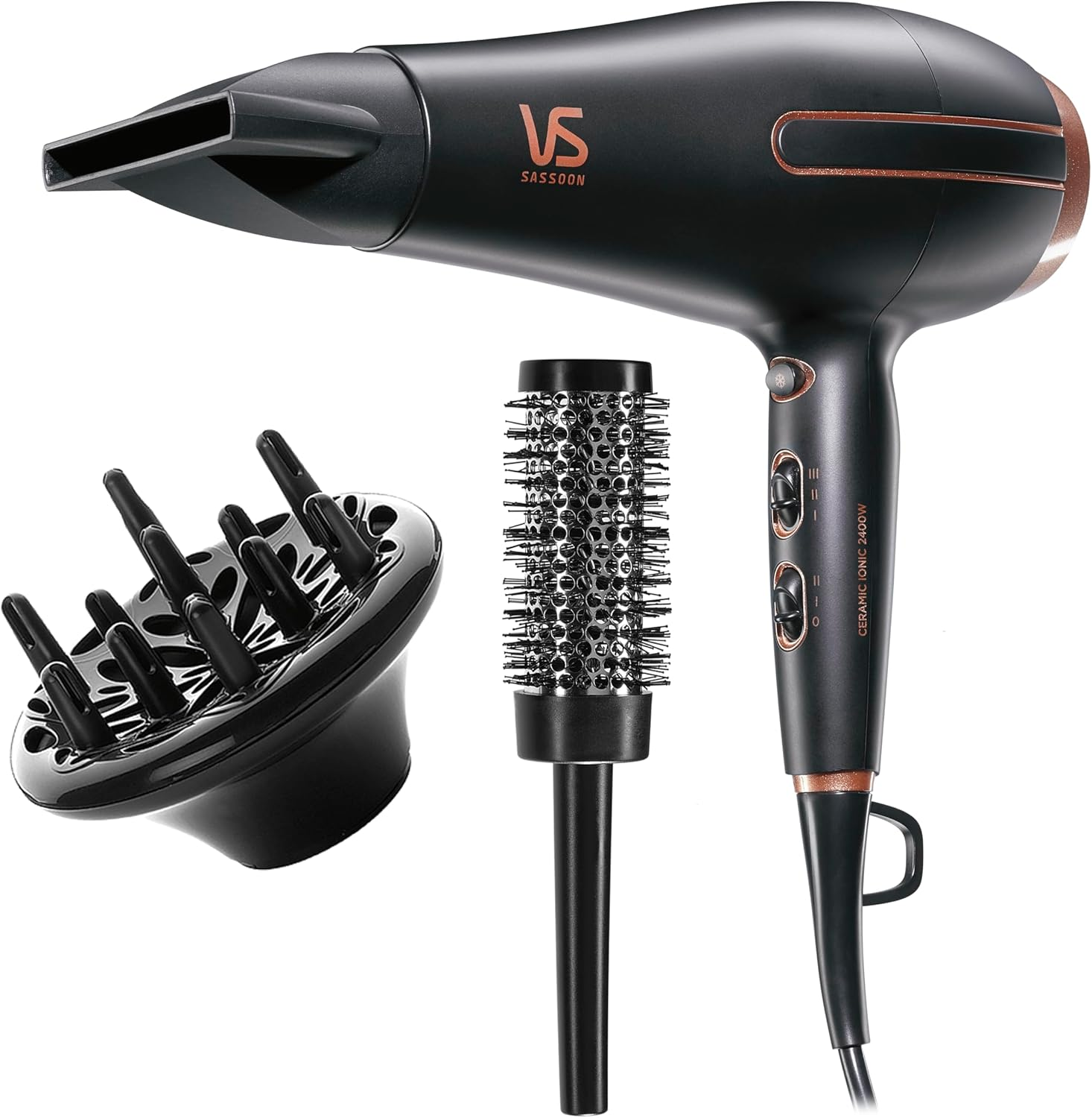 VS Sassoon Super Power 2400 Hair Dryer &ndash; 2400W AC Motor, Ionic Conditioning, Ceramic Technology, Fast Drying, Frizz Control, Styling Brush & Diffuser - Blue/Silver image number 7