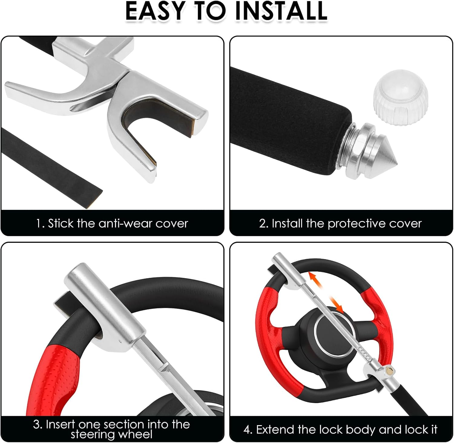 Car Steering Wheel Lock Retractable Wheel Locks Universal Adjustable anti Theft Steering Wheel Lock with 3 Keys and Safety Hammer for Cars Suvs Trucks (Black, 1Pc)