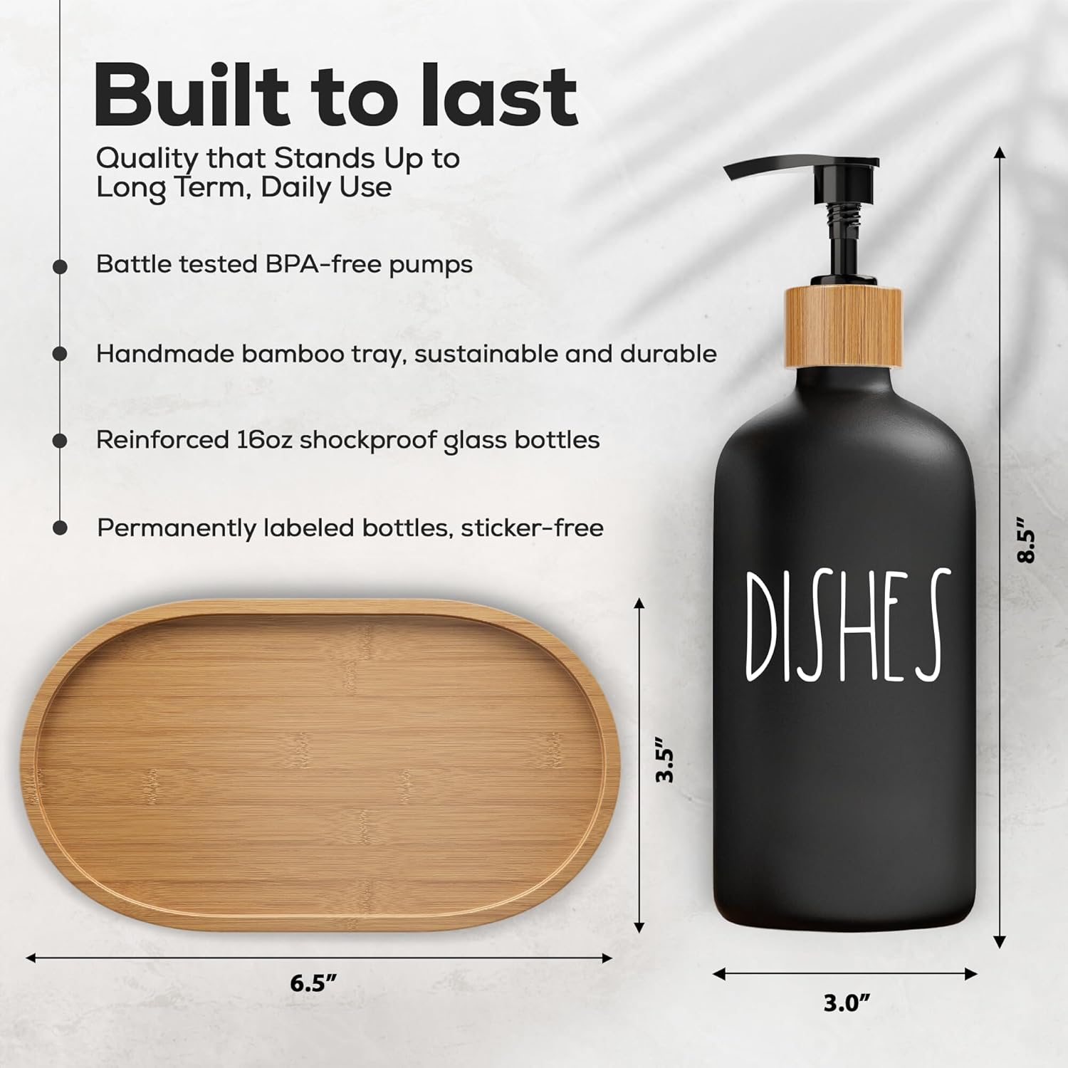 Brighter Barns Hand and Dish Soap Dispenser for Kitchen Sink by - Farmhouse Kitchen Soap Dispenser Set with Tray - Glass Soap Dispenser - Modern Boho Farmhouse Kitchen Decor (Black) - Black White Hd image number 6