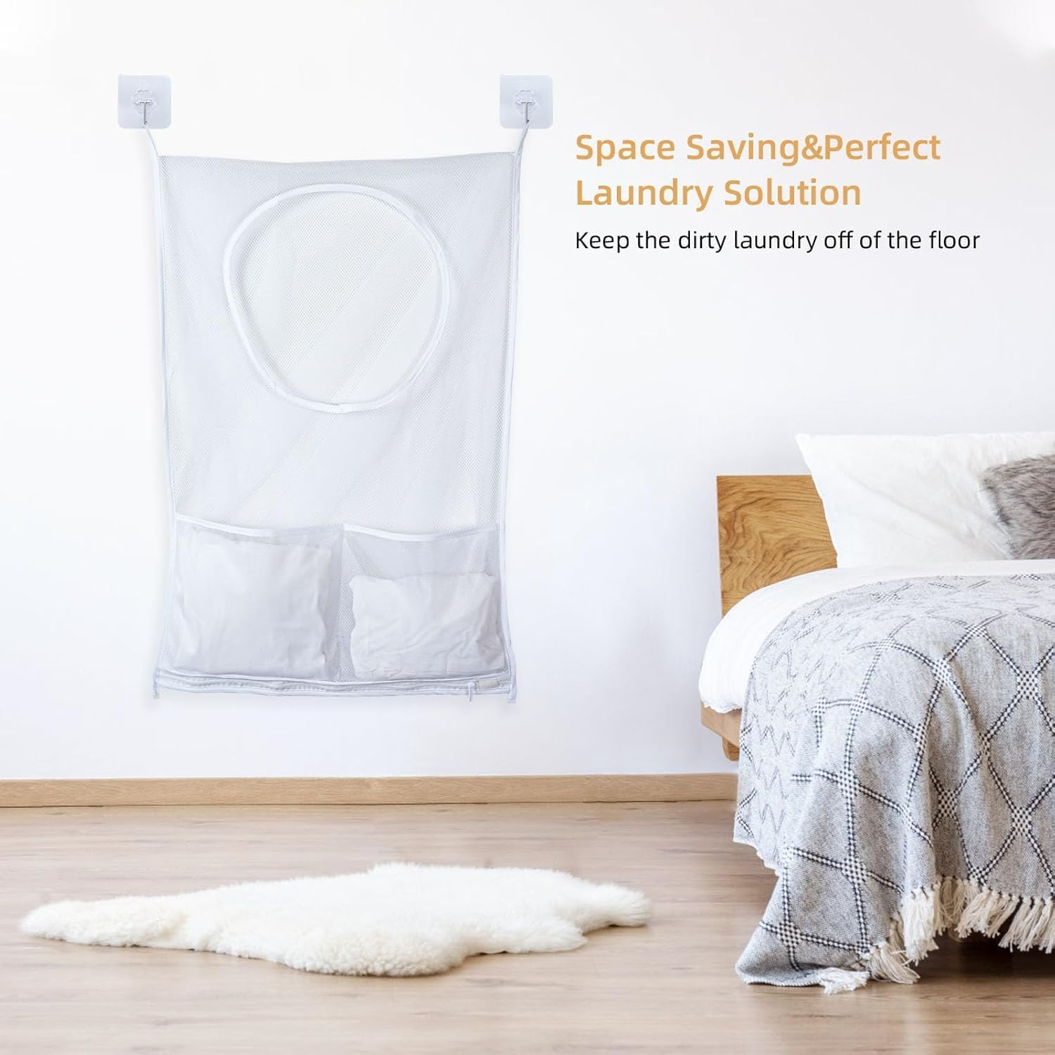 White Hanging Laundry Hamper Bag, 2Pcs White Door Hanging Laundry Hamper Bags,Door-Hanging Mesh Laundry Hamper Bag,Door Hanging Laundry Hamper Bag Clothe Storage Bag,Over Door Laundry Bags with Hooks image number 5