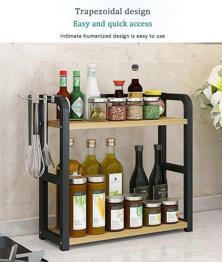 Dreamhousey Kitchen Countertop Stainless Steel +Wooden Board 2-Tier Seasoning Storage Rack, Kitchen Desktop Condiment Can Tank Supplies Organizer Shelf (Black+Oak, 2-Tier), 8-3-1