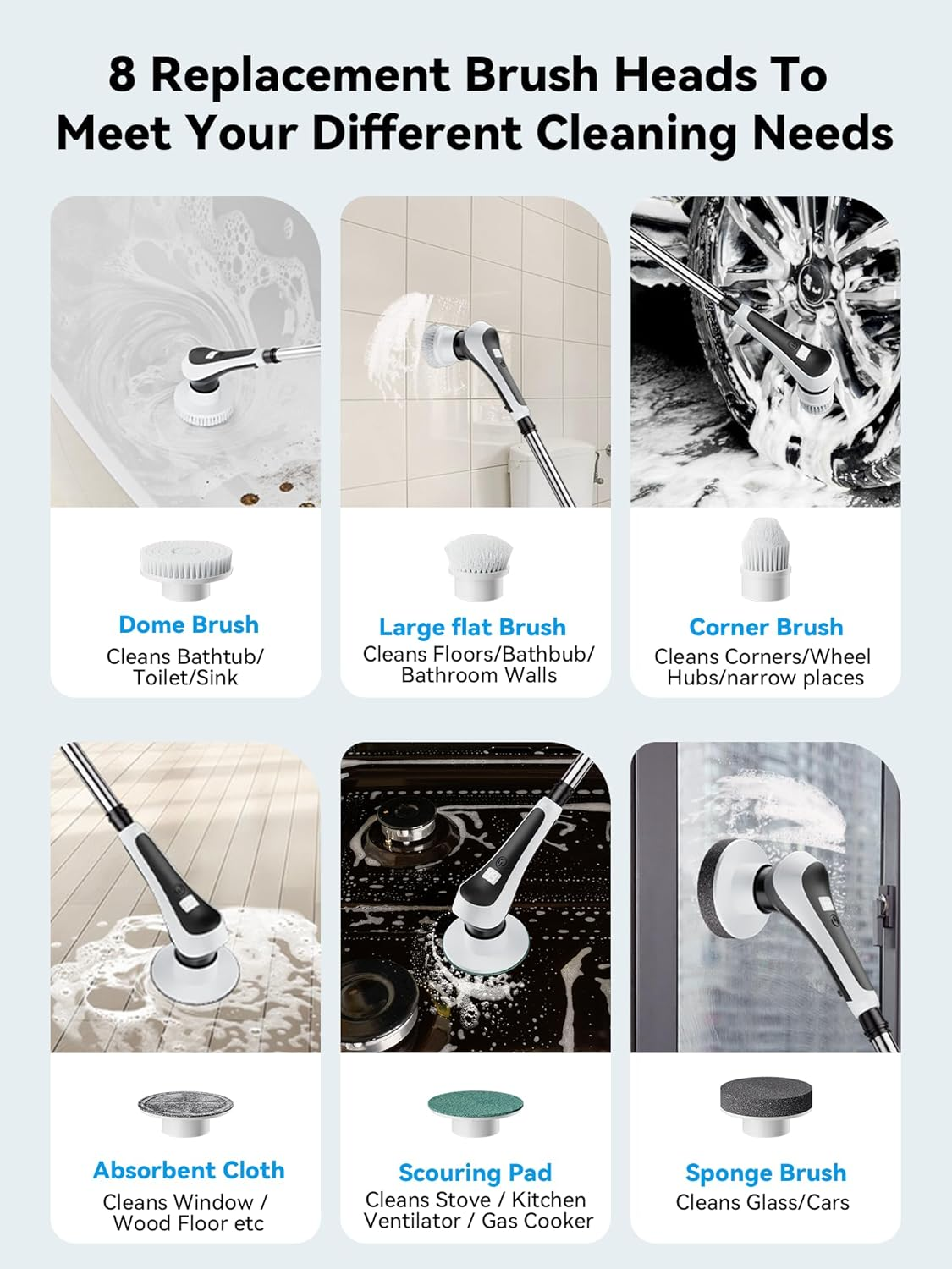 Electric Spin Scrubber,Cordless Cleaning Brush with Power Display Screen,Ip68 Waterproof Shower Cleaning Brush with 8 Replaceable Brush Heads,Adjustable & Detachable Handle and 2 Adjustable Speeds image number 1