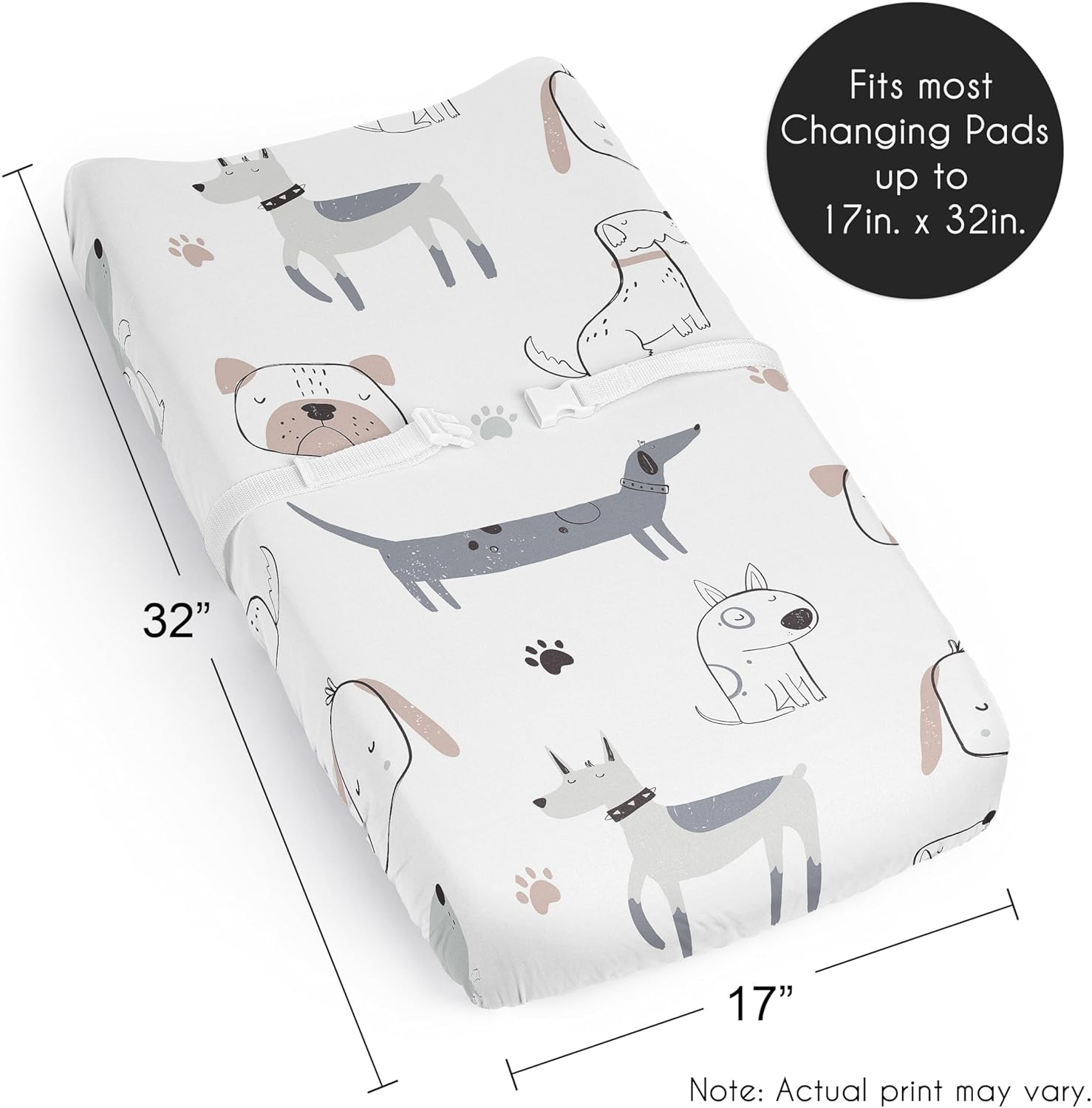 Sweet Jojo Designs Dog Boy Girl Unisex/Gender Neutral Baby Changing Pad Cover Sheet Infant Newborn Diaper Table Change Mat Cover Grey Taupe Blue Modern Puppy Pet Watercolor Puppies Bulldog Paw Print image number 2