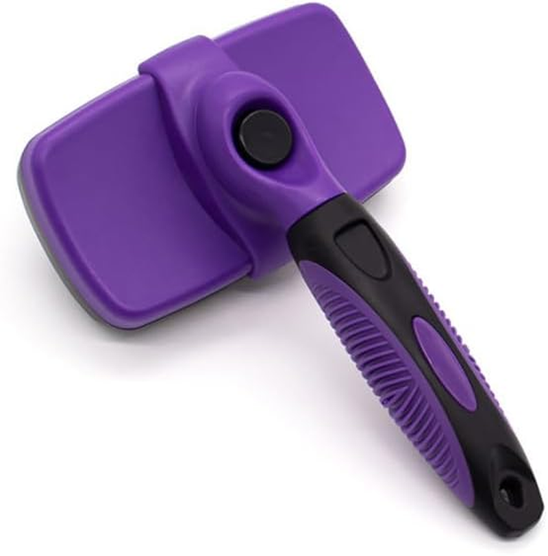 Self Cleaning Slicker Brush for Dogs & Cats, Gentle Deshedding and Hair Removal Tool for Long & Short Haired Pets, Easy Push Button, Purple