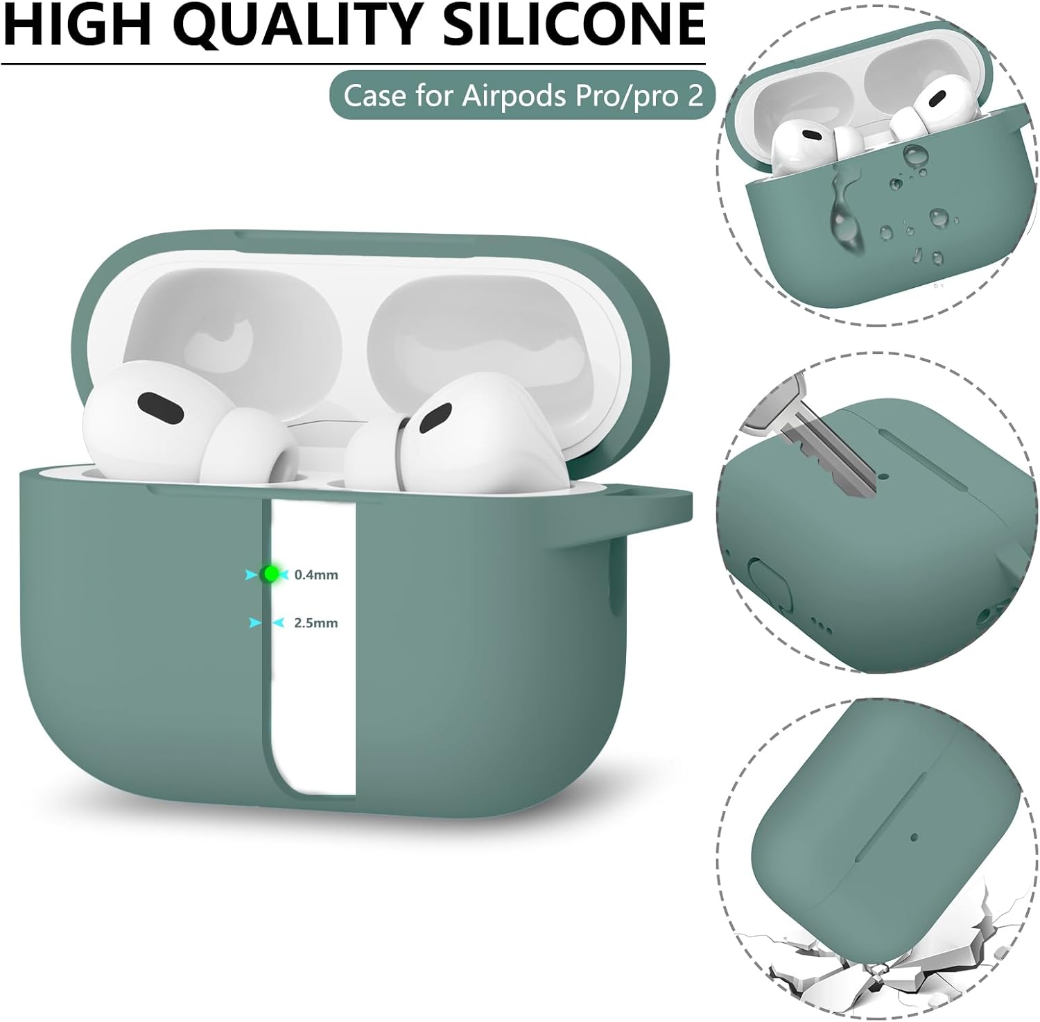 Inesore Compatible with Airpods Pro 2Nd/1St Case Cover with Cleaner Kit, Silicone Protective Case for Apple Airpods Pro 2Nd/1St Generation Charging Case with Keychain, for Women Men (Pine Green) image number 2