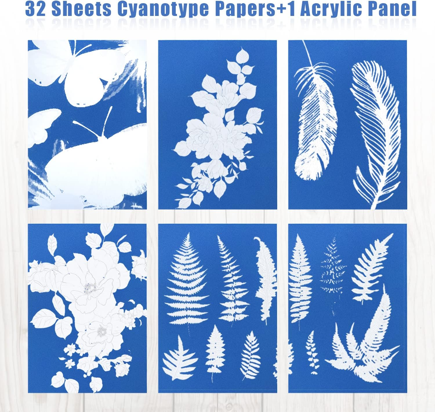 KINBOM 32Pcs Cyanotype Paper, Sun Print Paper Light Sensitive Paper Photography with Acrylic Sheet for DIY Crafts Projects image number 1