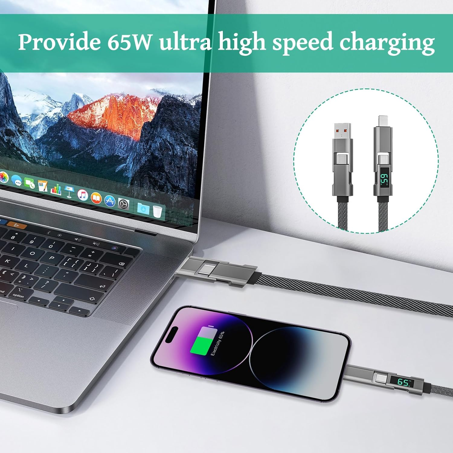 4 in 1 Charging Cable, 1M USB to Light-Ning Cable, USB a to Light-Ning Cables, 65W Multi-Port Universal Charger, PVC Braided Cables, Compatible with Iphone 16/15/14, Ipad, Android Phones image number 5