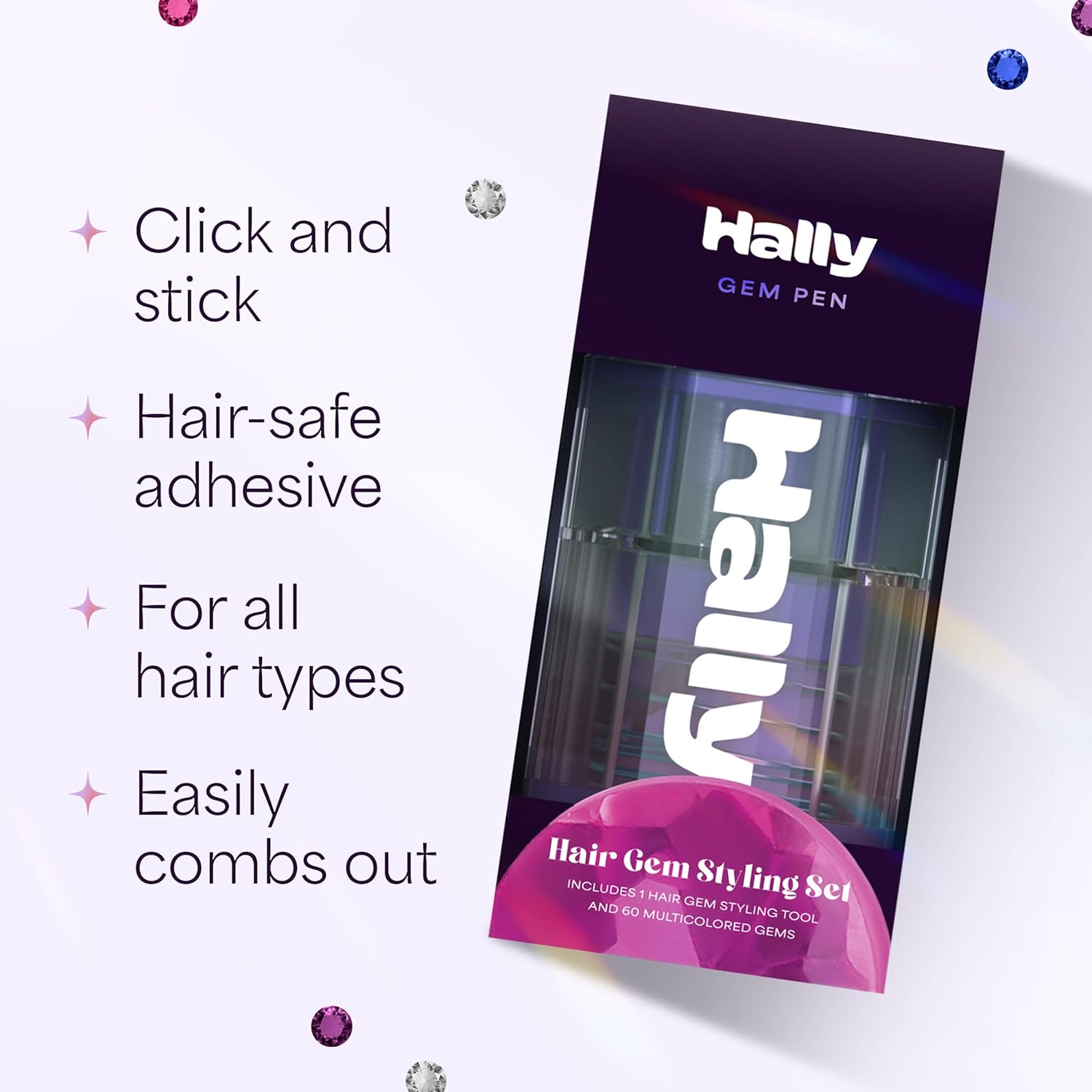 Hally Hair Gems Pen Applicator - Includes Hair Styling Tool with 240 Multicolored Adhesive Gem Stickers Hair Jewels - Stylish Hair Accessories for School, Halloween, Festivals, Wedding, Parties & More