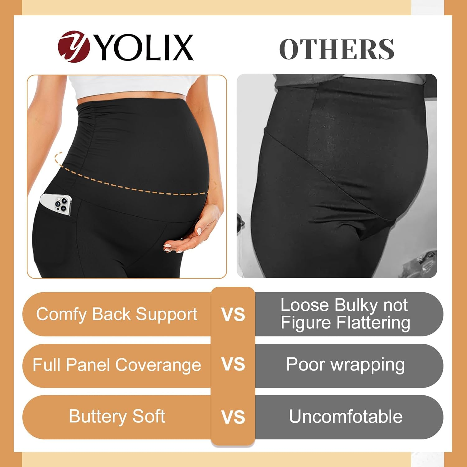 YOLIX Maternity Leggings over the Belly, Womens Black Workout Pregnancy Pants with Pockets