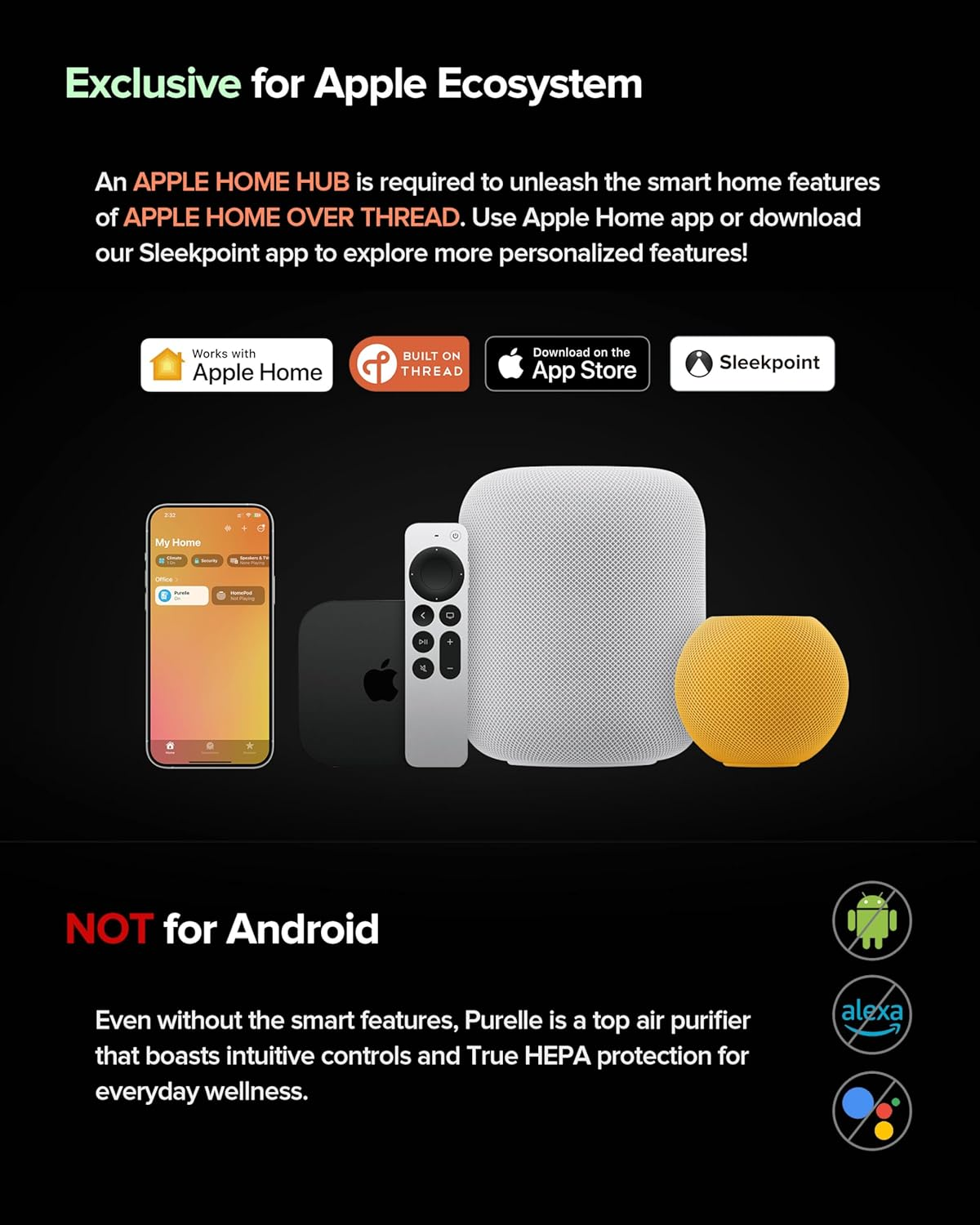 Airversa Homekit Air Purifier with Thread (Hompod Mini/Apple TV4K 2021 or Later Required) Purelle Smart Air Cleaner with 3-Stage H13 True HEPA Filter, 99,97% Efficiency CADR 221 M&sup3;/H