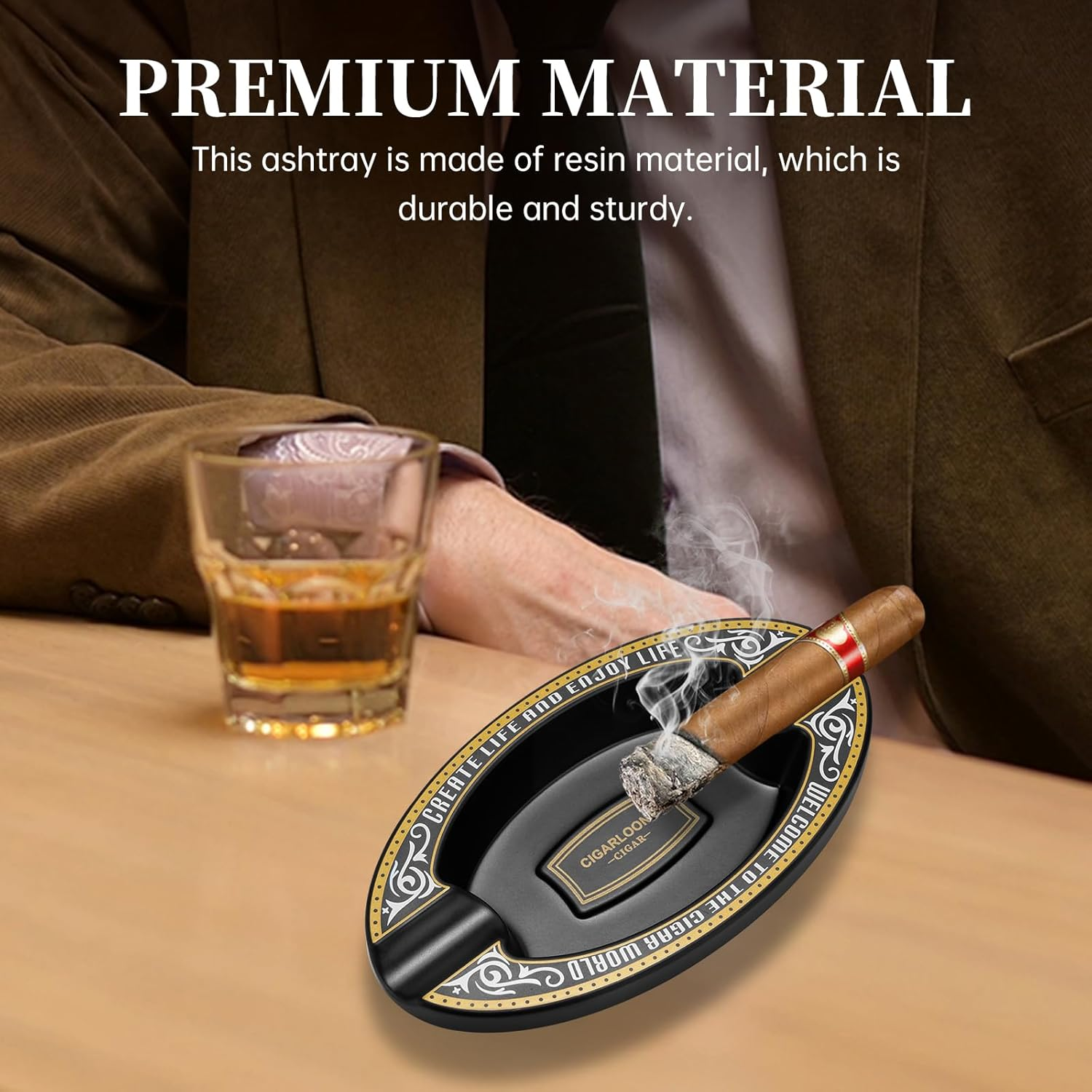 Outdoor Cigar Ashtray, Resin Ashtray, Portable Oval Cigar Ashtray with 2 Slot for Home, Patio, Travel Use(Black) - Gold image number 4