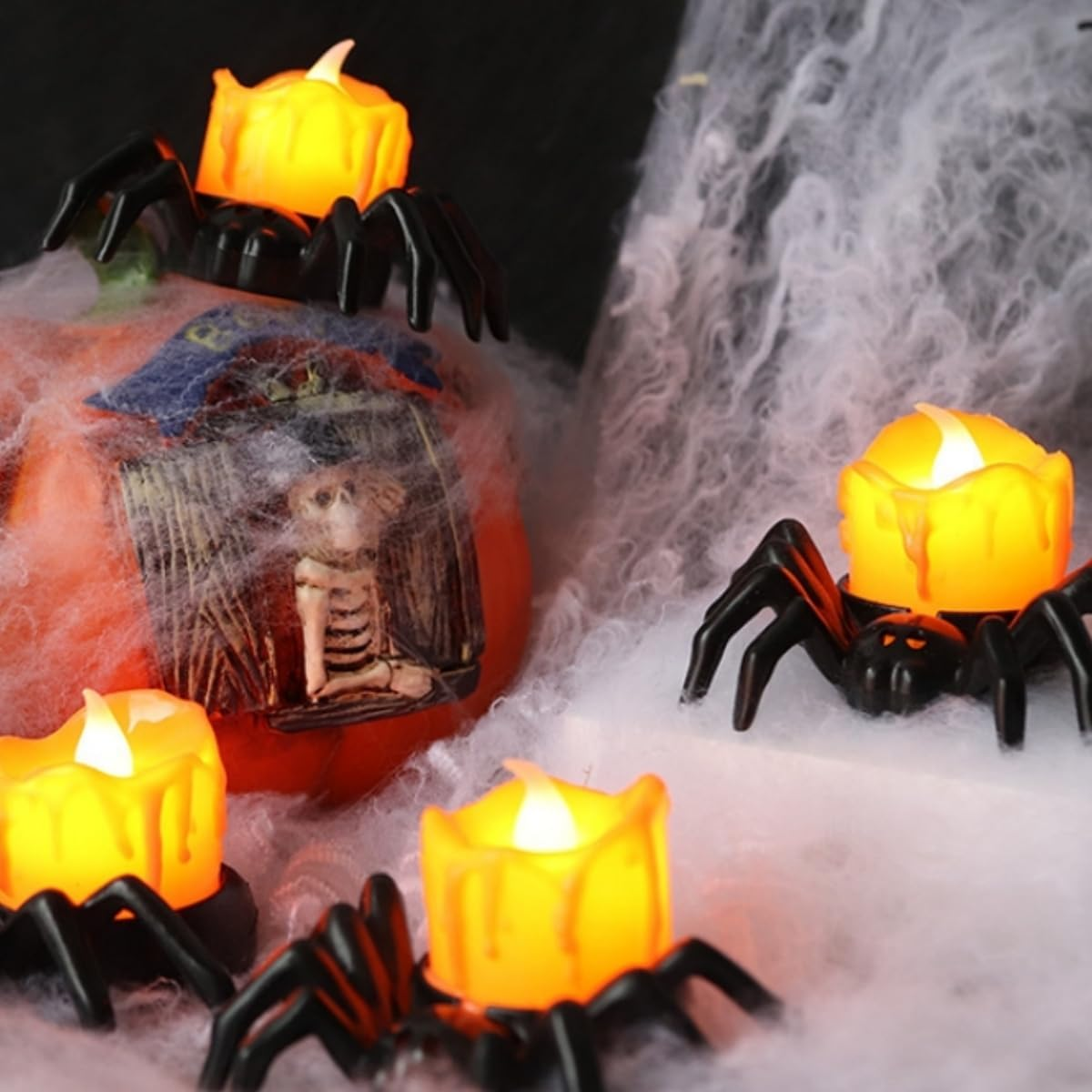 Halloween Spider, 12 Pcs LED Lights Flameless Candles Spider Halloweens Decoration, Halloween Prank Props Spiders, Spiders Realistic Scary Halloweens Deco image number 4