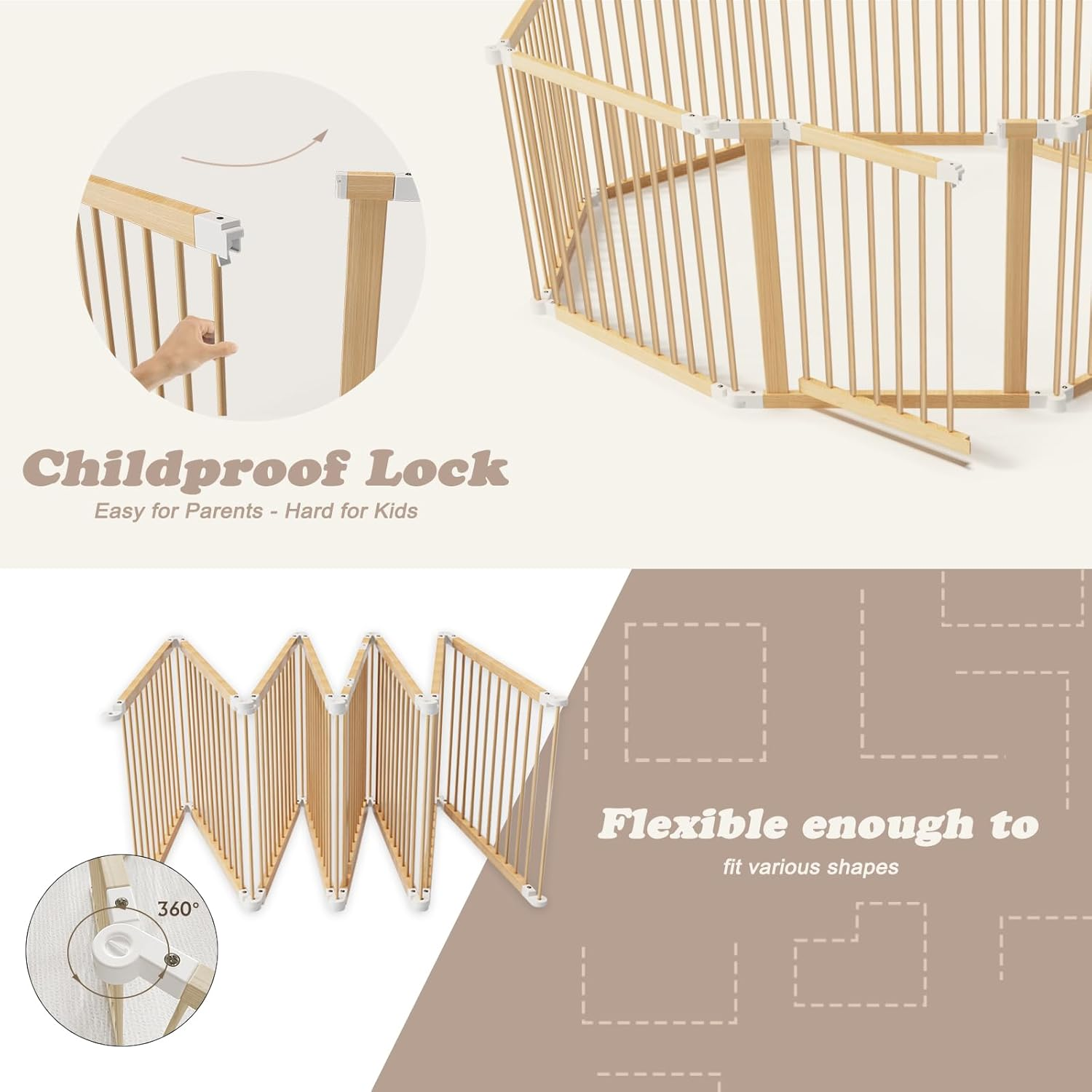 Folding Wooden Baby Playpen, Large Size Adjustable Baby Playard for Babies and Toddlers with Safety Gate, Play Fence for Indoor or Outdoor image number 3