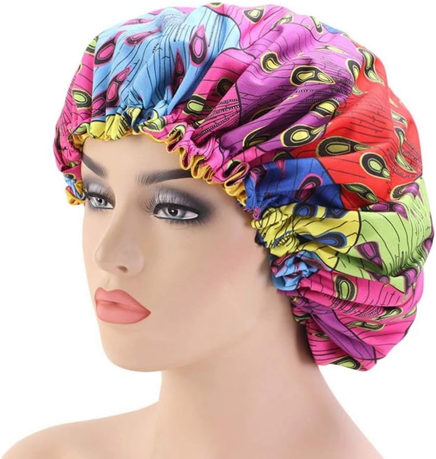 COMVIP 1Pc Adult Satin Bonnet Elastic Band Night Head Cover Sleep Cap B: Peacock image number 1
