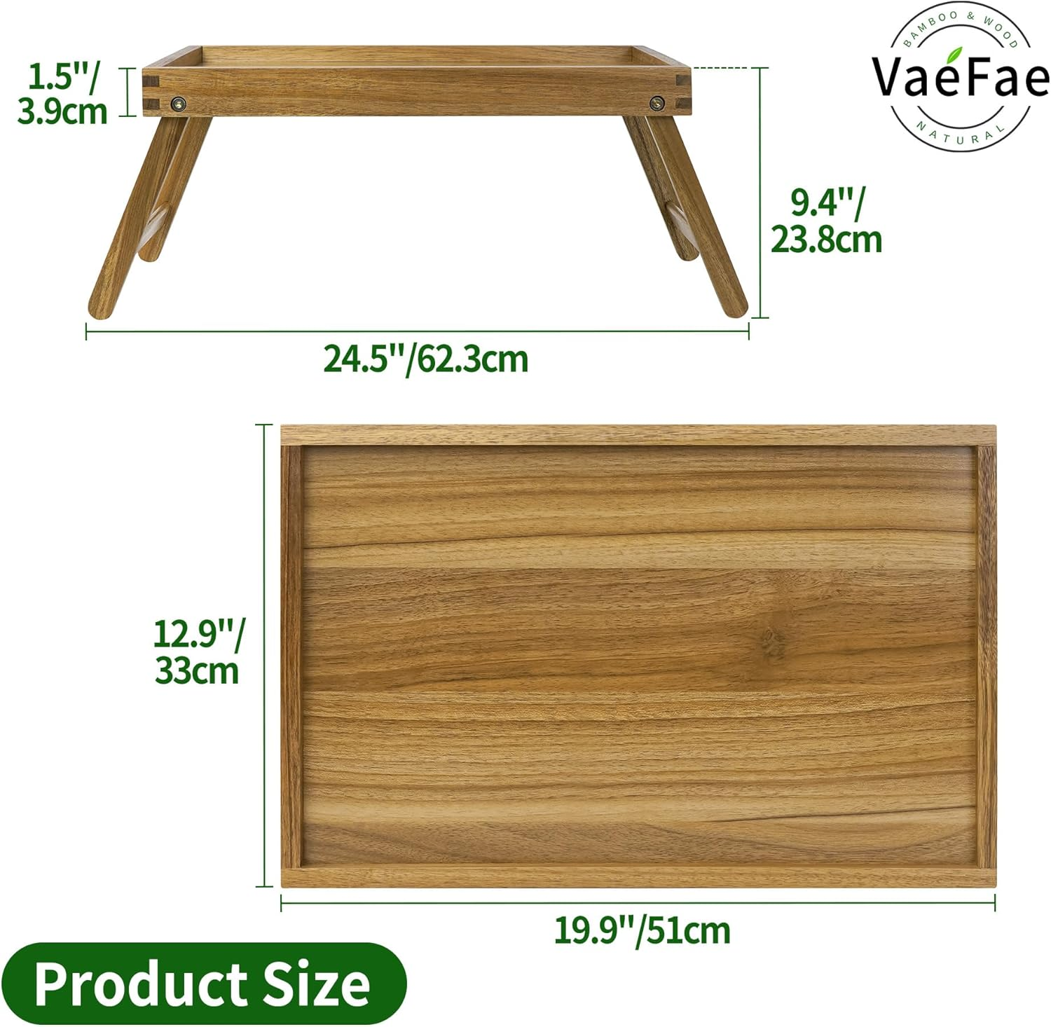 Vaefae Acacia Bed Table Tray, Wooden Breakfast Tray with Folding Legs, Bed Tray for Eating and Laptop, Eating Trays for Bedroom (Large)