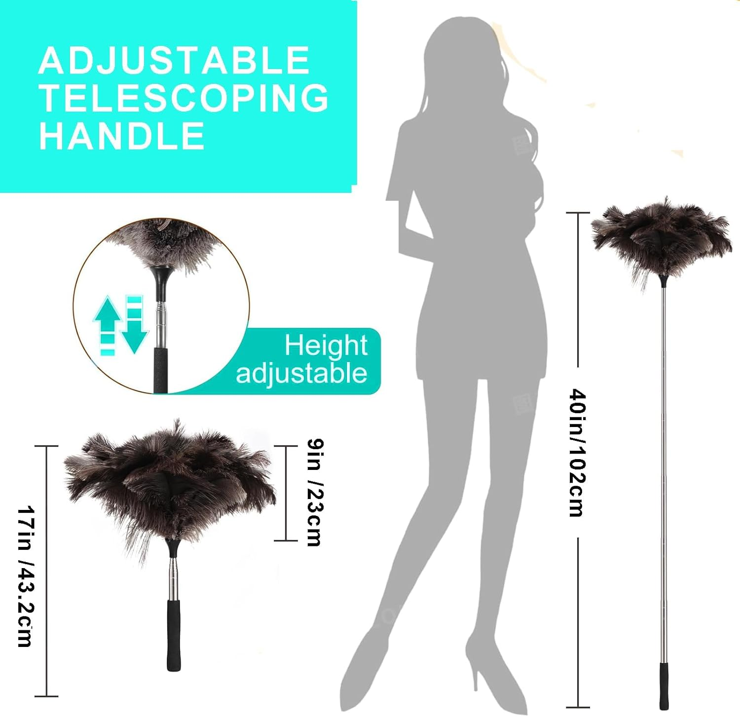 Extendable Ostrich Feather Duster up to 17-40 Inches Fluffy Feathers Long Handle Reusable for Cleaning Ceiling Fan Pendant Lamp High Ceiling Blinds Furniture Feather Duster
