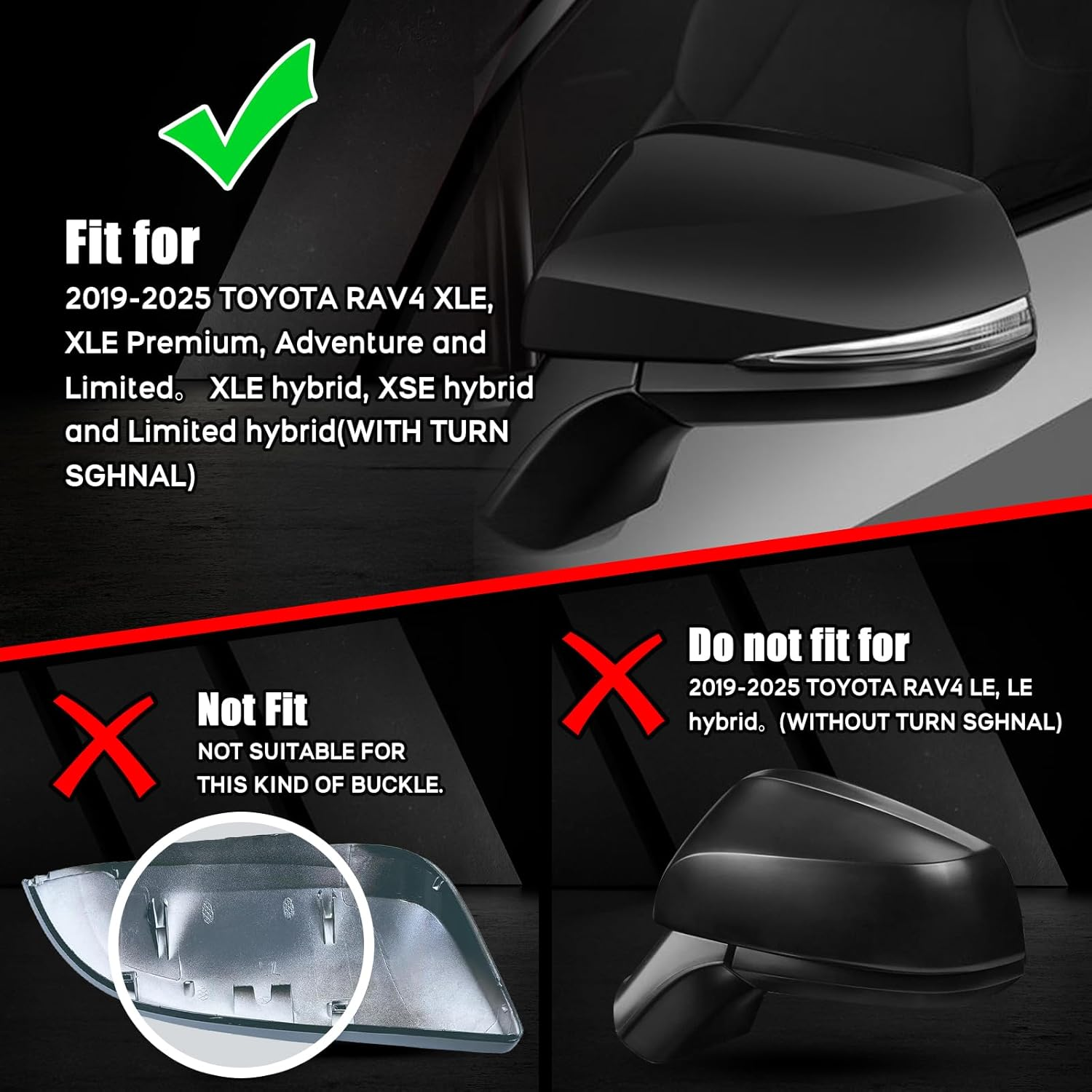 Glossy Black Direct Replacement Mirror Cover for 2019-2025 Toyota RAV4 XLE XSE and Limited Hybrid with Turn Signal Light Model, Directly Replace Style, Not Sticker Style image number 2