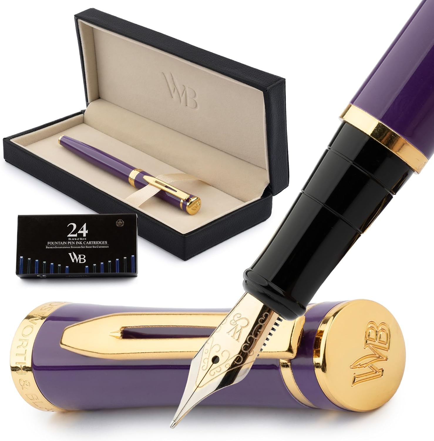 Wordsworth & Black Fountain Pen Set, 18K Gilded Medium Nib, Includes 24 Pack Ink Cartridges, Ink Refill Converter & Gift Box, Gold Finish, Calligraphy, [Velvet Purple], Perfect for Men & Women image number 7