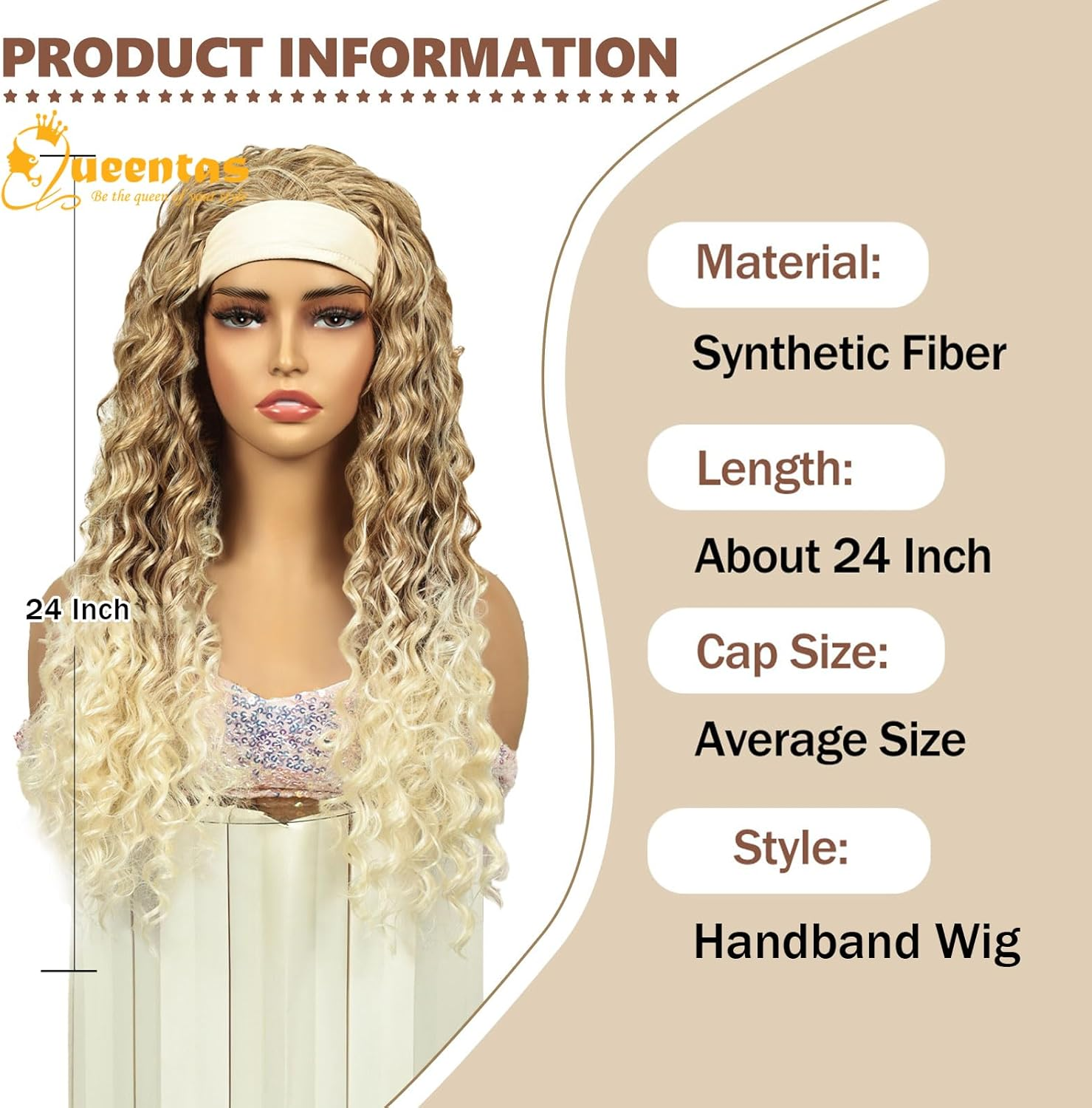 QUEENTAS Headband Wigs for Women Blonde Deep Wave Headband Wig Curly Glueless Hair Wigs Machine Made No Lace Deep Curly Headband Wig - Blonde image number 3