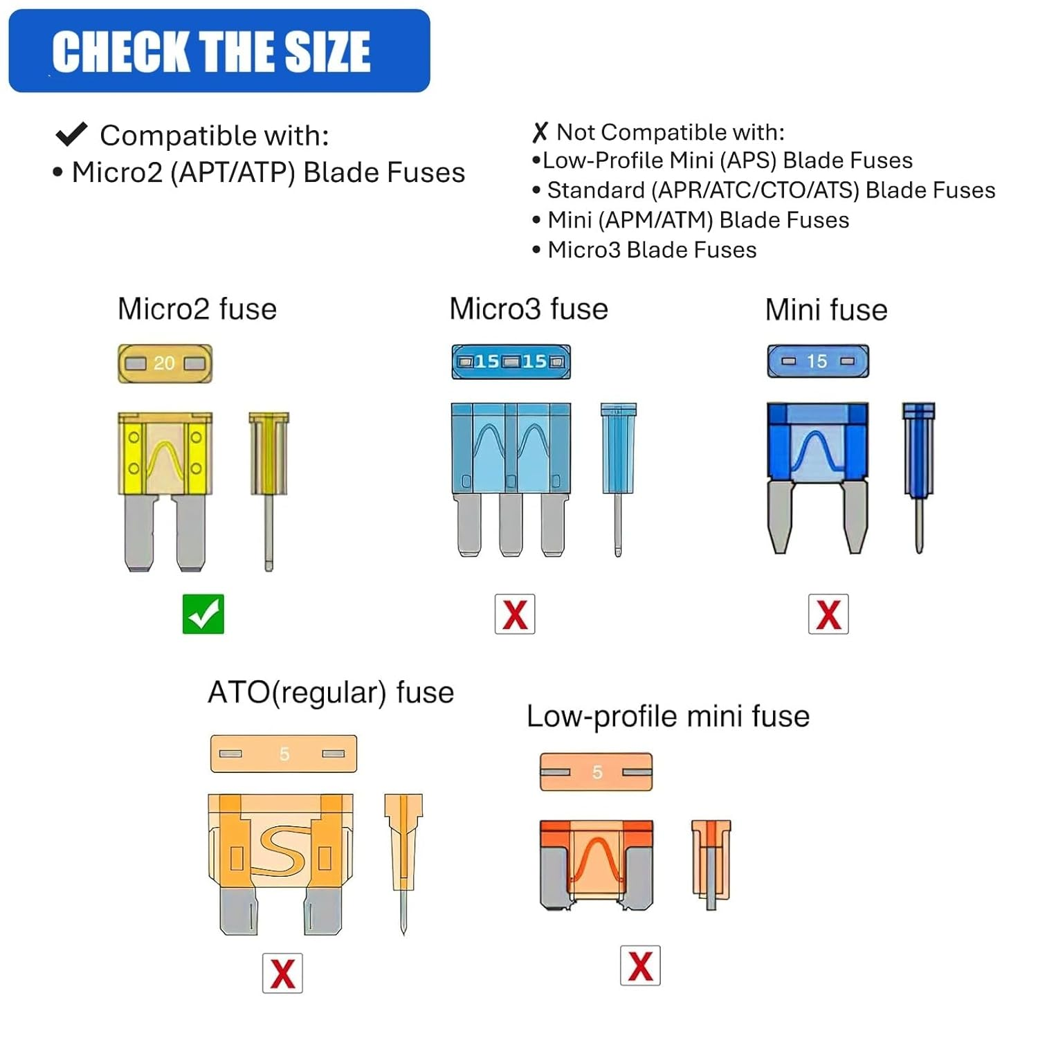 Ozchillon 5 Pack Micro2 Fuse Tap Kit 16AWG Wire &ndash; Micro 2 Fuse Adapter with Blue Terminals &ndash; Micro Blade Add-A-Circuit Piggyback Holders for Car, Ute, SUV, 4WD (5, 5AMP) image number 5