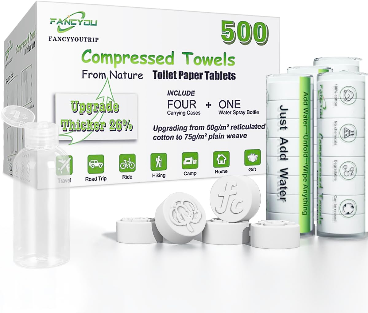 Compressed Towel Tablets for Travel 100 Pcs, Thicken 100% Cotton Disposable Face Towel Individually Wrapped, Compact Portable Mini Reusable Clean Washcloths for Camping Gym Home Beauty(Green)