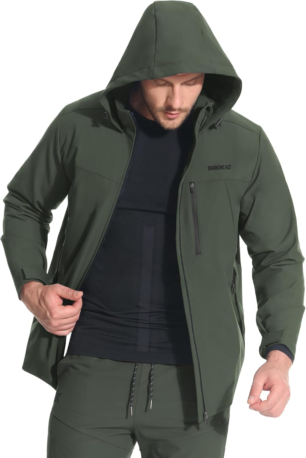 BROKIG Mens 3PT Hiking Softshell Jacket,Windbreak Waterproof Casual Functional Traveling Walking Coat Outdoor Jacket with Hood Zipped Pockets