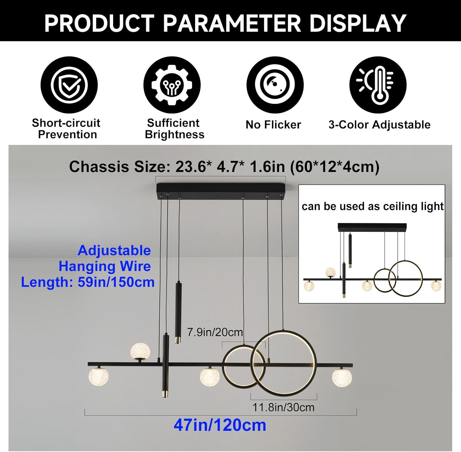 ORANOOR Modern LED Pendant Lights, Dimmable 47In Linear LED Chandelier Lighting, Upgraded Black & Gold Dining Room Hanging Light Fixtures Kitchen Island Globe Pendant Light for Dining Table (4200Lm) image number 4