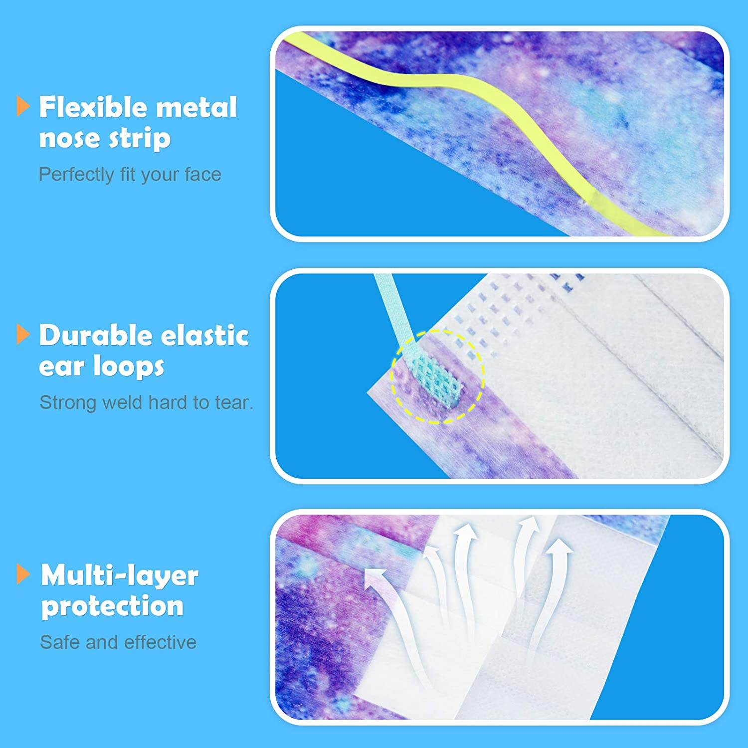60PCS Women'S Disposable Protective Face Mask Adult Size Magic Rainbow Mesh Fantasy Universe Princess Gradient Colors Individually Wrapped 3-Layer Filter Comfort Fit Skin-Friendly Soft Elastic Earloop image number 2