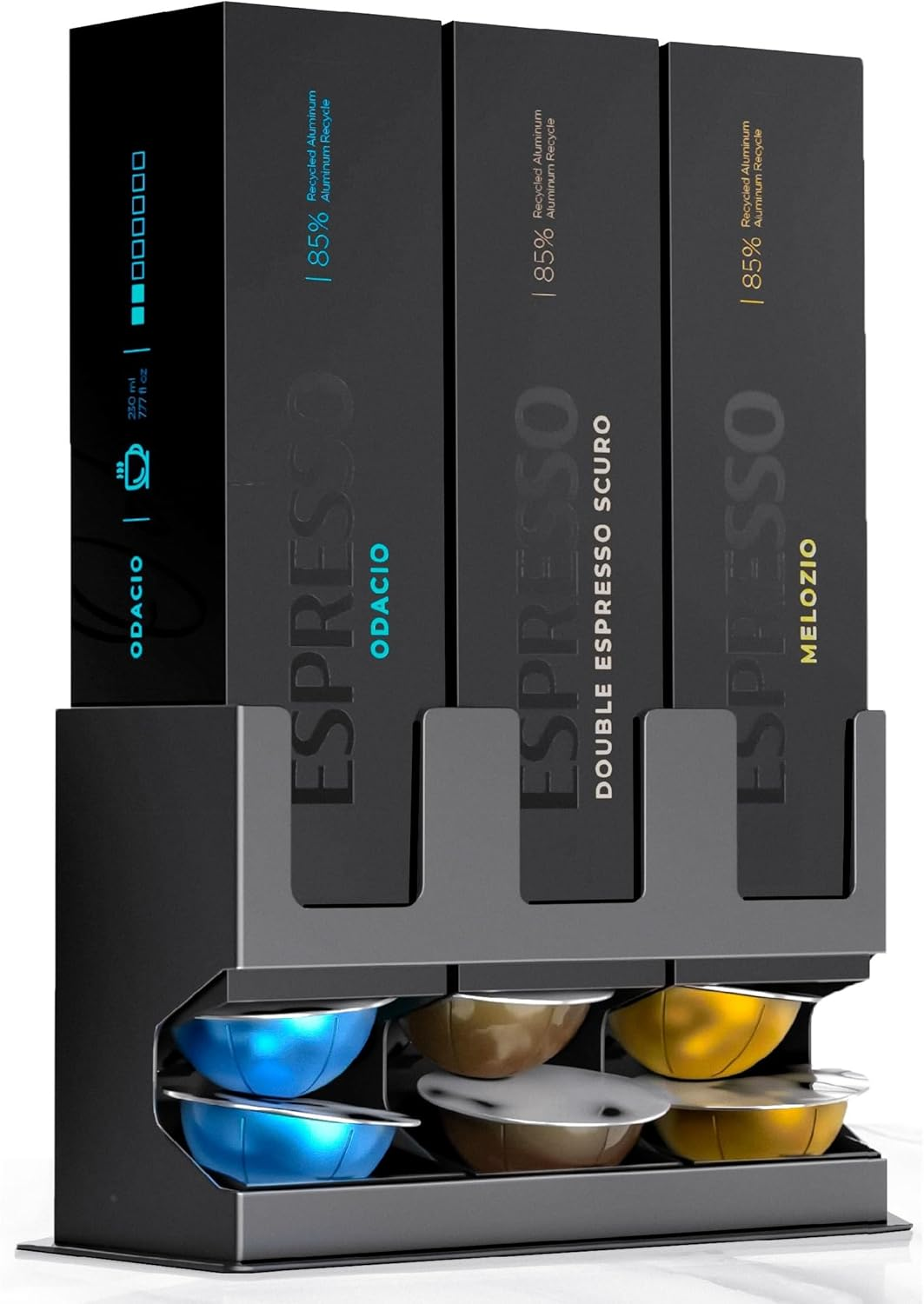 GALVANOX Pod Dispenser Designed for Nespresso Vertuo Capsules (3 Box Sleeve Holder) Freestanding Countertop Organizer Stand, Non-Slip Steel Base, Dispenses 3 Coffee Flavors (30 Vertuoline Pods) image number 6