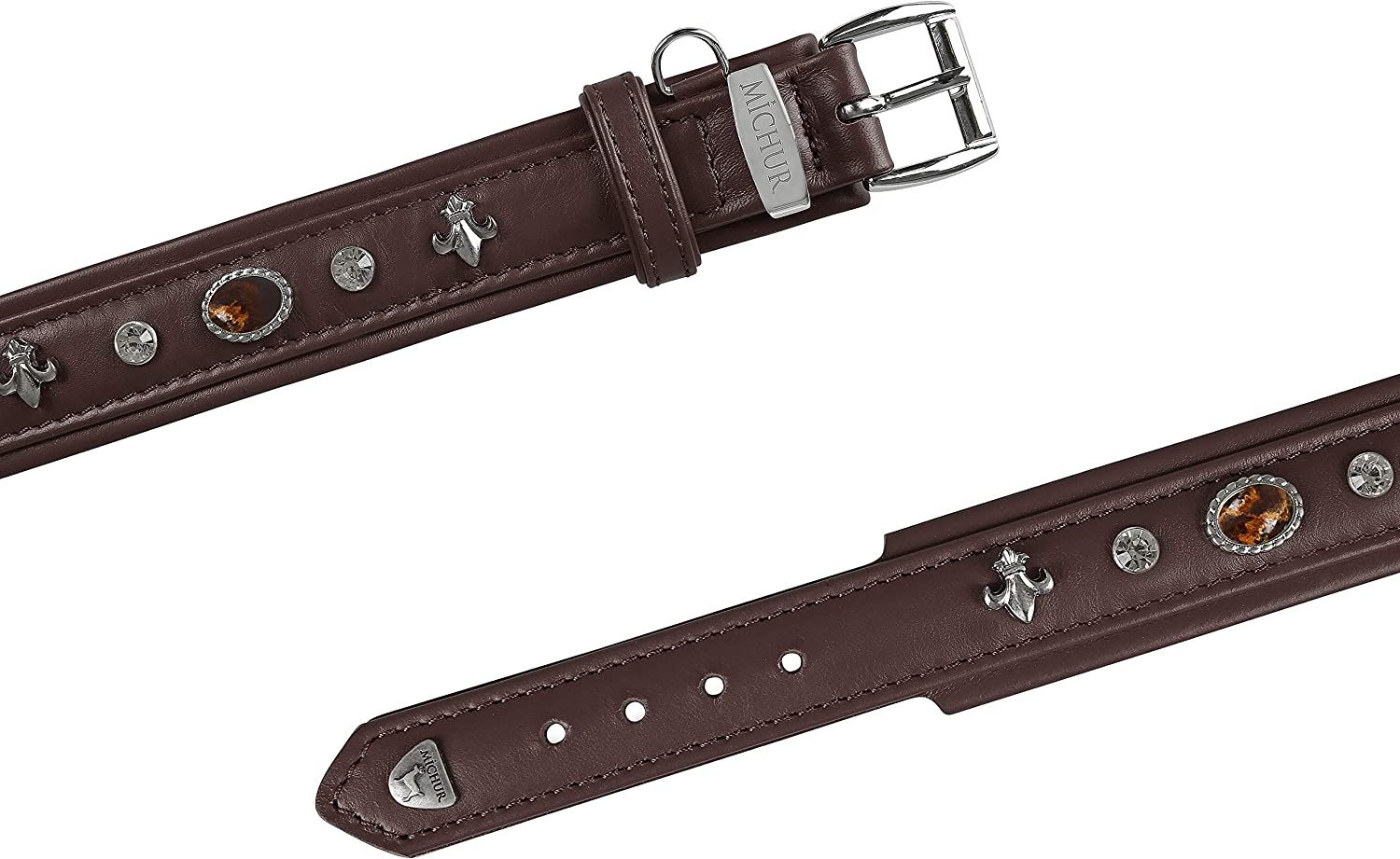 MICHUR Mateo Leather Dog Collar Brown Leather with Lilies Rhinestones and Large Brown Stone Leather Collar for Dog image number 1