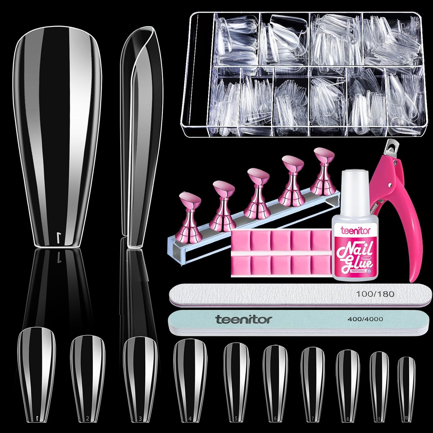 Teenitor Clear Coffin Nail Tips, Long Coffin Nails Full Cover, 600Pcs Clear Fake Nails Ballerina False Nails Press on Nails, Glue on Nails, Acrylic Nail Clipper, Nail Stand for DIY Fake Nails