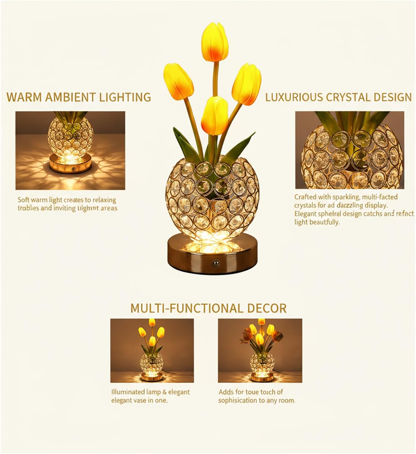 Crystal Tulip Table Lamp, 3 Colors Dimmable Artificial Flowers Light, USB Rechargeable Cordless Lamps, Bedroom Living Room Decoration, Valentine Day, Mothers Day, Christmas Day Gift (Orange Tulip)